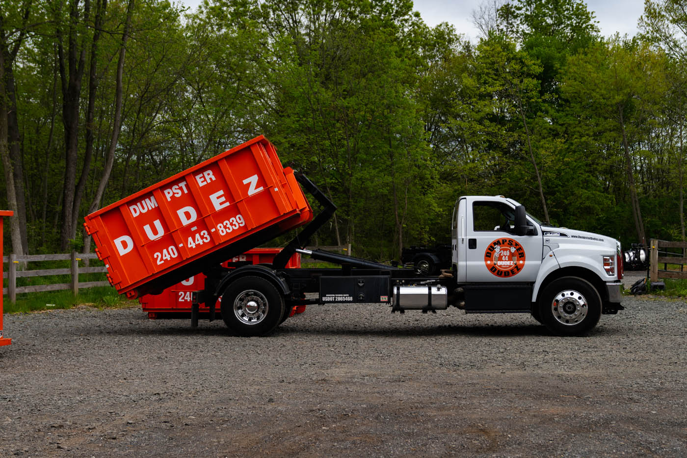 A small dumpster rental in Richmond, VA attatched to a Dumpster Dudez truck.